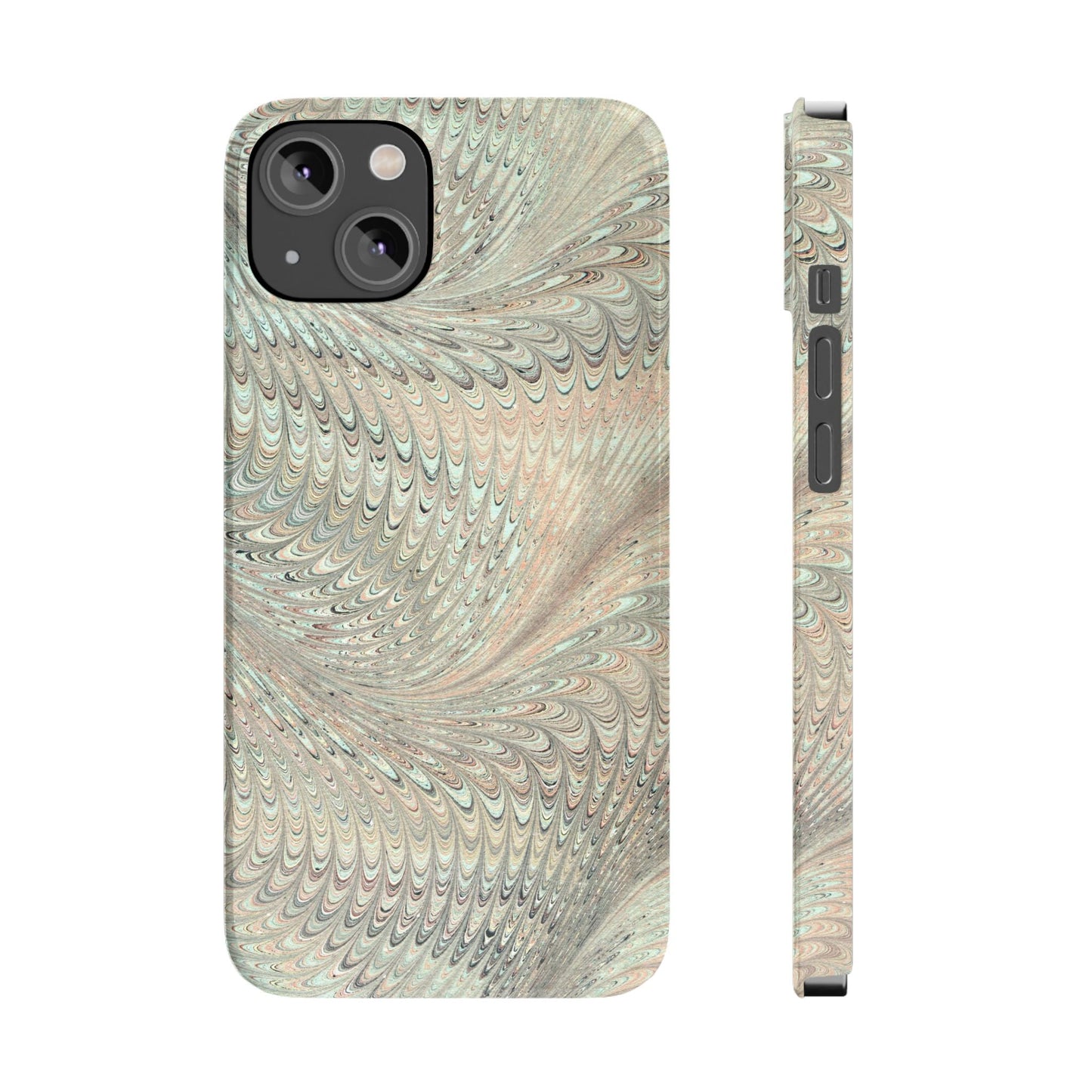 Marbled VIntage Design, Italian Feather Phone Case, Green Hues, Mint, Beige, Neutrals, Slim Phone Cases, IPHONE16 and all sizes