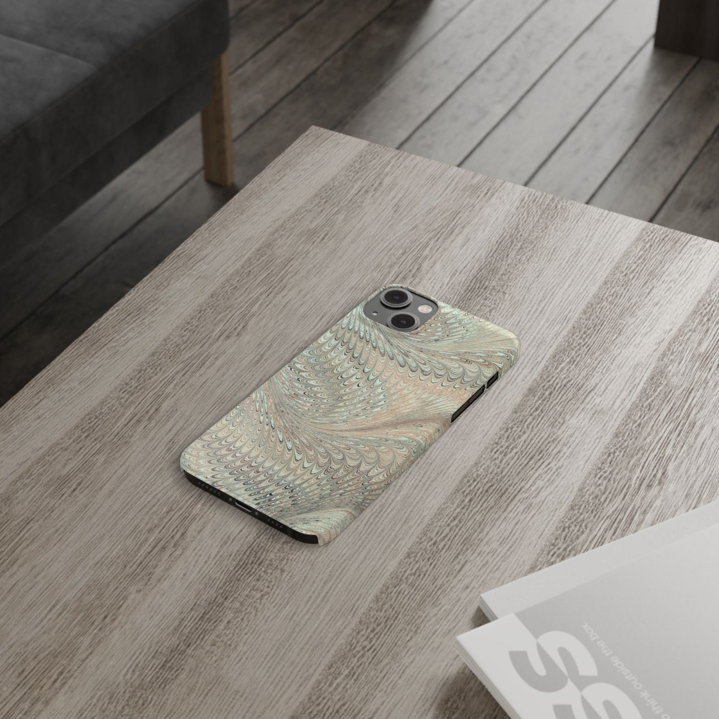 Marbled VIntage Design, Italian Feather Phone Case, Green Hues, Mint, Beige, Neutrals, Slim Phone Cases, IPHONE16 and all sizes